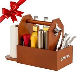 Grill Caddy for Outdoor Grill with Paper Towel Holder, Wooden BBQ Organizer for Utensils, Plates, Condiments and Silverware Rustic Picnic Table Caddy for Camping, Backyard Cooking and BBQ Accessories