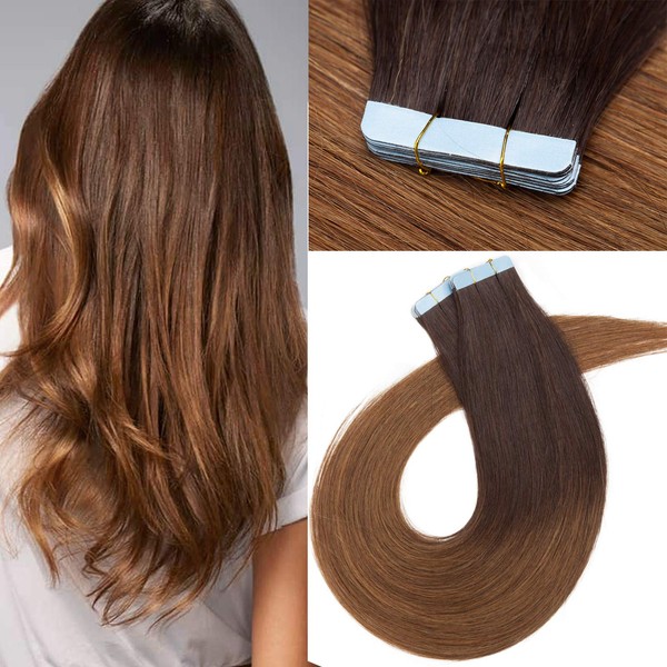 20" Tape in Hair Extensions Human Hair 20pcs #2T6 Dark