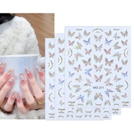 6 Sheets Butterfly Nail Art Stickers 3D Self-Adhesive Aurora Shell Nail Decals for Women Girls Shiny Butterfly Design for DIY Nail Decoration and Manicure Supplies