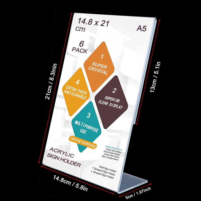 ROSSHINE A5 Acrylic Sign Holder, 6pack L-Shape A5 Perspex Display