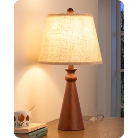 EDISHINE 21.85" Boho Table Lamp, Rustic Bedside Lamp, Water Transfer Red Wood Grain Metal Base, Beige Linen Shade, Farmhouse Nightstand Lamp for Living Room, Bedroom, Office, E26 Base
