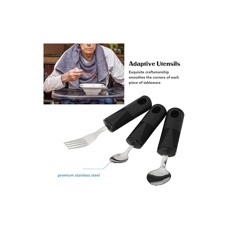 3Pcs Black Disability Aids Cutlery Sets, Extra Wide Handles Easy