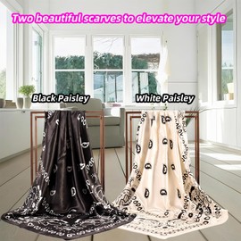 GoldenLife 35" Square Head Scarf - 2Pcs Silk Feeling Bandanas for Hair Wrapping, Shawl Wraps, Neck Scarf & Headbands for Women (Black & White)