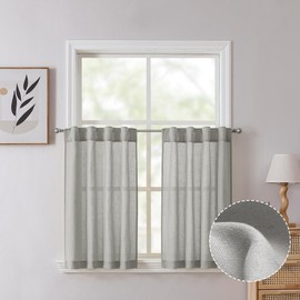 Tollpiz Silver Grey Linen Cotton Tier Curtain Back Tab Short Bathroom Semi Sheer Half Curtains Pocket Neutral Boho Light Filtering Farmhouse Burlap Drape Kitchen, 30 x 36 inches Long, 2 Panels