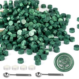 Mornajina 360 Pieces Metallic Green Sealing Wax Beads, Octagon Wax Seal Beads Kits for Wax Seal Stamp, with 2 Wax Sealing Stamp Melting Spoons and 4 Candles