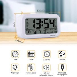 WinFong Digital Alarm Clock for Bedroom, 4.3" Screen Desk Clock with 3 Bells, Rechargeable Battery Operated Small Clock with Temperature, Snooze, Calender, 12/24H Display for Heavy Sleepers (White)