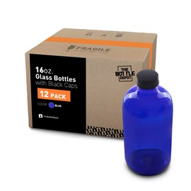 The Bottle Depot - 12 Pack - 16 oz Glass Bottles with Black Lids - Blue - 28-400 Neck Finish - Boston Round Bottles - UV Rays Protection