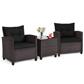 ORALNER 3 Pieces Patio Furniture Set, Outdoor Wicker Conversation Set Rattan Chairs with Cushions, Glass Coffee Table, Bistro Set for Front Porch Balcony Garden Deck Poolside (Black)