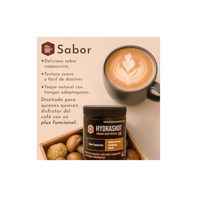 HydraShot Café Soluble Cappuccino con Hongos Adaptógenos, 1 cucharada, Adicionado