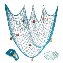 Blue Fishing Net in Mediterranean Style, Maritime Wall Decoration, 150 x 200 cm, with Shells for Interior Design, Stage and Events