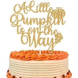 Decoración de pastel con purpurina dorada con texto «A Little Pumpkin is on the Way», calabaza Oh Baby / Little Pumpkin, decoración de fiesta con temática de calabaza, regalo de género