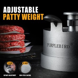PURPLEBIRD Hamburger Press Patty Maker, 4 1/2" Adjustable Burger Patty Maker 1/4lb to 3/4lb, Heavy Duty Burger Mold for Turkey Burgers, Crab Cakes, Sausage, Non-Stick Cast Aluminum,Gift for Man Woman