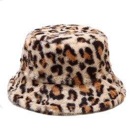 Women's Leopard Print Faux Fur Bucket Hat Fluffy Winter Warmer Plush Fisherman Cap