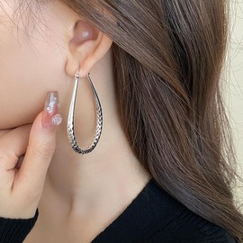 Gold Dangle Earrings for Women, Trendy Simple Geometric Oval Dangle Gold Plated Earrings Statement Large Hoop Silver Earrings for Teen Girls Jewelry Gifts (Silver)