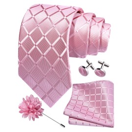 Gusleson Mens Pink Tie for Wedding Solid Silk Plaid Checkered Necktie Pocket Square Cufflinks and Lapel Pin Brooch Set (UK6104-17)