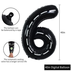 TONIFUL Race Car Black Balloons Car Birthday Party Supplies,40 Inch Giant Jumbo Helium Foil Mylar Big Number 6 Digital 6 Balloons for Boy's Birthday Party Truck Race Car Theme Party Decorations