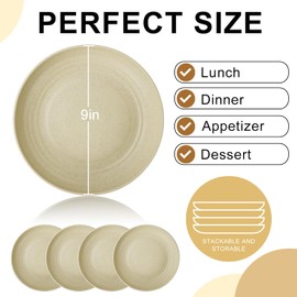 BUSOKIP Wheat Straw Dinner Plates, 9 Inch Beige Set of 8, Lightweight Unbreakable Plastic, Microwave & Dishwasher Safe Kids Plates