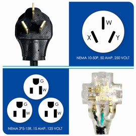 10-50P Male to (3) 5-15R Female Household Tri Outlet with Lighted，220/250V Electrical Stove/Range/Oven To Gas 110/125V Power Convert Adapter
