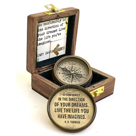 Solid Brass Thoreau's Go Confidently Quote Engraved Compass with Wooden Box, Camping Compass, Boating Compass, Gift Compass, Graduation Day Gifts, College Graduation for Son, Confirmation Gifts