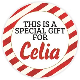 This is a Gift for Celia - 100 Pack Circle Stickers 3 Inch - Candy Cane Merry Christmas Gift Tag Present Tree Holiday Custom Name Santa Claus
