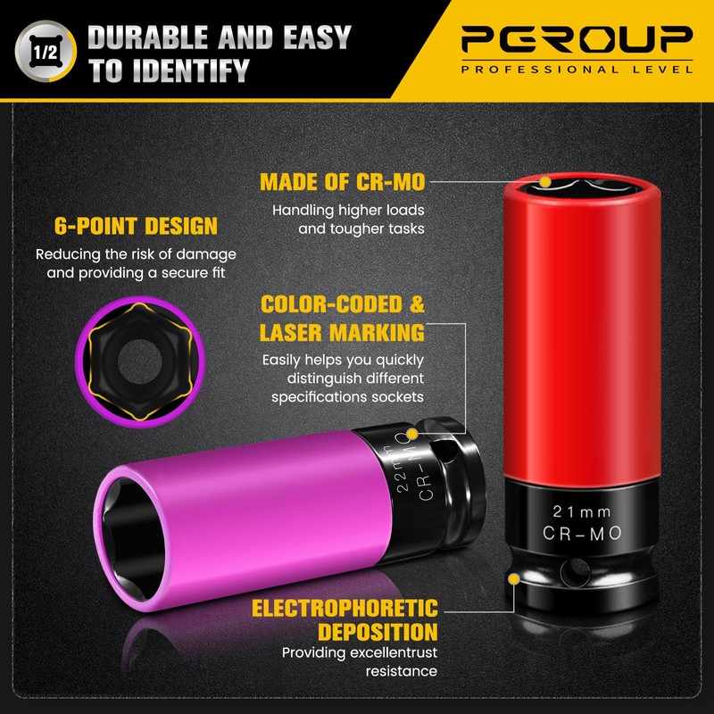 PGROUP 5PCS 1/2" Drive Wheel Protector Impact Socket, Metric(15 17