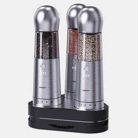 COSPRO Electric Salt and Pepper Grinder Set of 3 with Wireless Charging, Rechargeable Automatic Pepper Mill, Stainless Steel, One Hand Button Use, Adjustable Coarseness, Easy Clean, Kitchen Table Gift