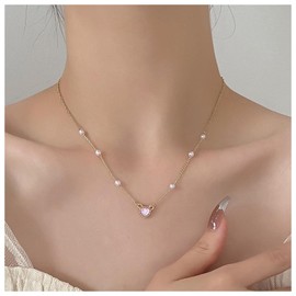Inilbran Boho Pearl Choker Necklace Gold Love Heart Pendant Necklace Vintage Station Pearl Necklace Rose Quartz Heart Necklace Jewellery for Women and Girls, Metal, Pearl