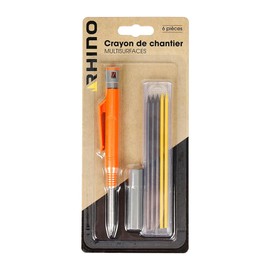 Rhino - Construction Pencil, Carpenter's Pencil, Professional Pencil, 6 Pieces, with Refills, Multisurface, for Wood and Dry Surfaces, 5 Leads, Long and Fine Tip