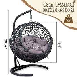 KEIKI Cat Hammock with Stand - Rattan Wicker Swing Bed, Cozy Egg Chair for Cats & Small Dogs, Gray Cushion Included