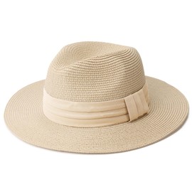 DRESHOW Women Wide Brim Straw Panama Roll up Hat Fedora Beach Sun Hat UPF 50+