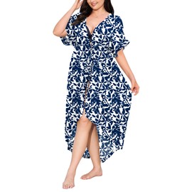 IN'VOLAND - Traje de baño largo para mujer, talla grande, con rayas, kimono con lazo frontal, traje de baño, Hojas Azul Marino, 26 Plus
