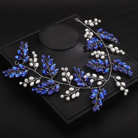 Deniferymakeup Wedding Crystal Pearl Hair Vine Bridal Rhinestone Headband Handmade Wedding Headpiece Crystal Hair Pieces Hair Accessories for Bride Women Girls (Deep Blue)