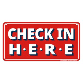 GEEKBEAR Check In Here Sign Hanging from Ceiling - 30cm x 15cm (Red)