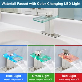 Midanya LED Bathroom Sink Faucet,Waterfall Single Handle Hole Bathroom Faucet,3 Colors Changing RV Vanity Faucets for Sink 1 Hole with Pop Up Drain and Water Hoses Open Glass Spout Brushed Nickel
