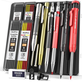 Nicpro 6 Pack Carpenter Pencil Set with Sharpener, Mechanical Carpenter Pencils with 40 Refill, Automatic Center Puncha and Carbide Scribe Tool, Heavy Duty Construction Pencil for Architect - with Case - Size: 6 Pack