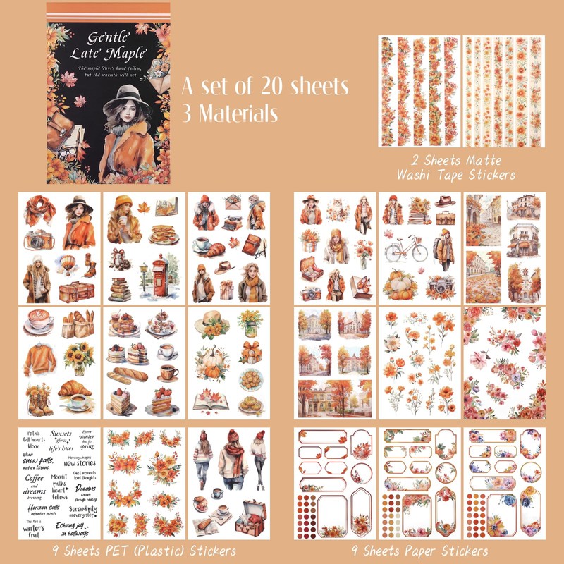 NOGAMOGA Autumn Journaling Sticker Book, A5 Size, 20 Sheets of
