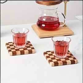 SUZLFTDZSW Wood Coasters with Checkerboard Pattern, Square, 4" Diameter, 2 Pack, Brown, Acacia Wood and Rubber, Anti-Overflow Protection and Decor, Home