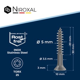 Torx Screws, Stainless Steel Screws 5x30, V2A Stainless Steel, Rustproof, Chipboard Screws, Partial Thread, 5 mm Thick, 30 mm Long, Pack of 50, Wood Screws, A2