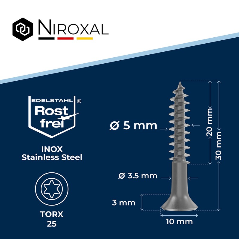 Torx Screws, Stainless Steel Screws 5x30, V2A Stainless Steel, Rustproof,