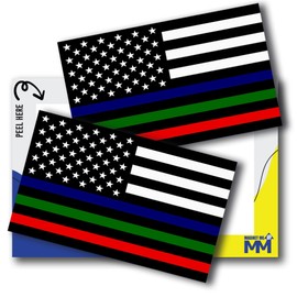 Tri-Color Thin Line American Flag Adhesive Decal Sticker, 3x5, 2 Packs, Black, White & Red Blue Green USA Flag for Fire, Police, Military Support, Waterproof, for Vehicles - Made in USA
