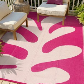 Lahome Hot Pink Coastal Coral Rv Outdoor Plastic Straw Rug, Waterproof 6x9 Outdoor Camping Rug, Lightweight Plastic Straw Camper Mats for Outside Beach Pool Patio Deck，Pink 6'x9'