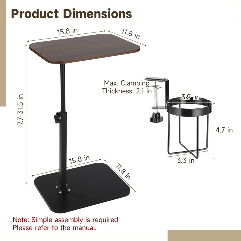 Joyoolife Rotating C Shaped Side Table with Cup Holder, Adjustable