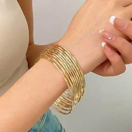 Xmsrn Vintage Layered Bangle Bracelet Set Punk Stackable Bracelet Gold Thin Bangle Bracelet Set Gold Multi-Layer Bracelet for Women, Zinc, No gemstone