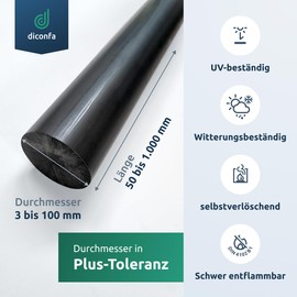 diconfa PVC round rod, black, to size, selection: diameter 15 x 1000 mm, diameter: 6 to 100 mm, length: 100 to 1000 mm, deburred plastic rod, hard solid material, round stick, robust, durable
