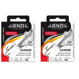 Set of 2 packs of Jenzi tied zander hooks Ryder hooks (10 pieces) on braided cord, 80 cm zander leader mounted hook size, 2, 4, 6, 8 + free Petri Heill! sticker (hook size 6)