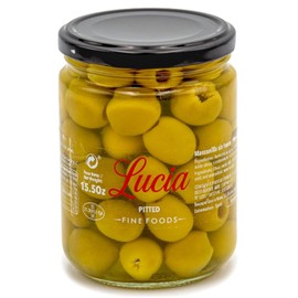Lucia Fine Foods Spanish Manzanilla Pitted Green Olives – 440g / 15.50 oz Glass Jar – Premium Olives from Spain – Gourmet Quality