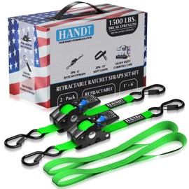 HandT Retractable Ratchet Straps (2PK) 1in x 6ft - 1,500lb Break Strength, Heavy Duty Tie Down Automatic Self Ratcheting Strap Downs Push Button Retracting for Truck, Trailer, Motorcycle | 2PK Green