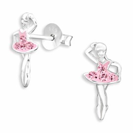 Monkimau Girls' Ballerina Dancer Stud Earrings 925 Sterling Silver with 8 Crystals, Sterling Silver
