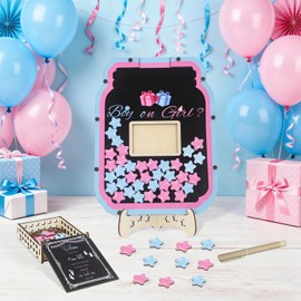 AINBIN Gender Reveal Guest Book Alternatives Set, 60 Pcs Pink Blue Little Wooden Star Kit with Photo Frame Sonogram Voting Ideas for Baby Shower Decorations, Boy or Girl Gender Reveal Games