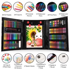 VigorFun Art Kit, Drawing Art Supplies, Gifts Art Set Case with Double Sided Trifold Easel, Includes Oil Pastels, Crayons, Colored Pencils, Watercolor Cakes, Sketch Pad (Black)